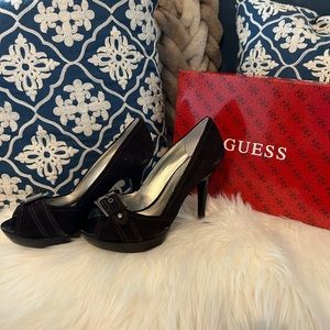 Guess Peep Toe Suede Buckle Heel